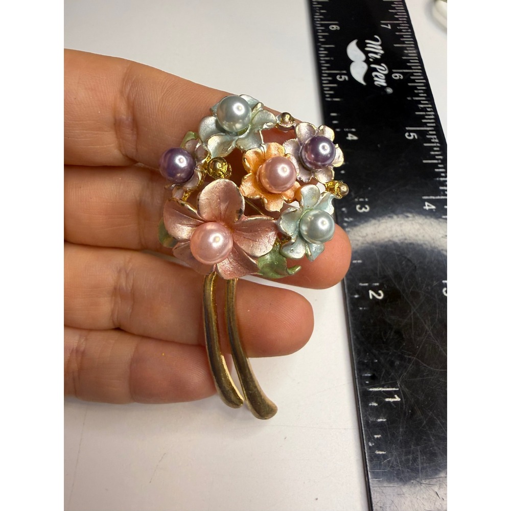 Gold Tone Enamel Flower Bouquet Brooch Pastel Faux Pearl Floral Pin